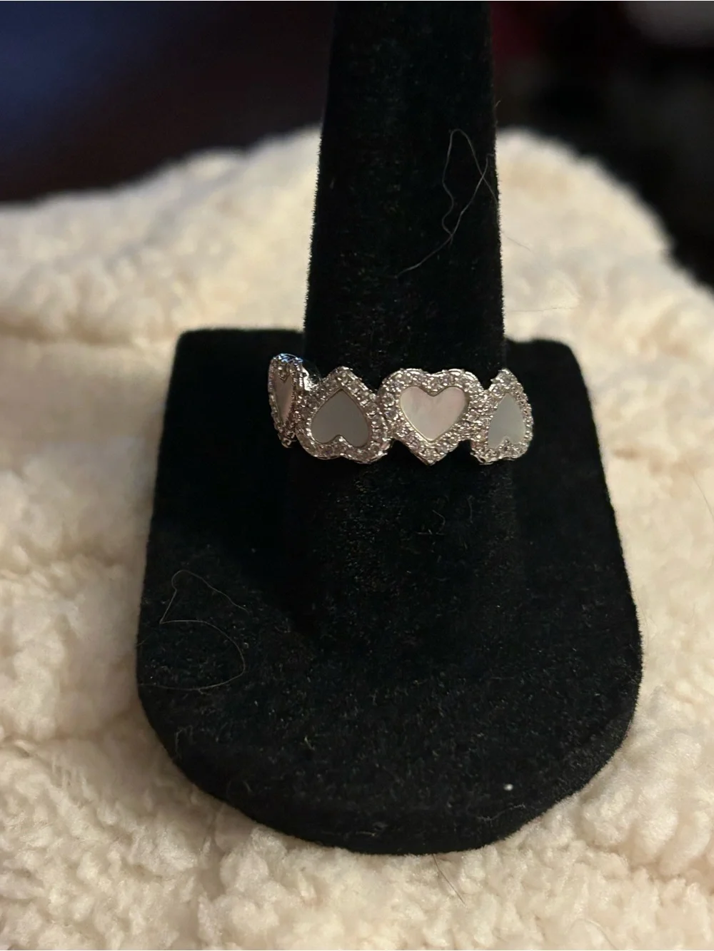 Sterling Silver Heart Cluster Ring with White Mother-of-Pearl Inlays